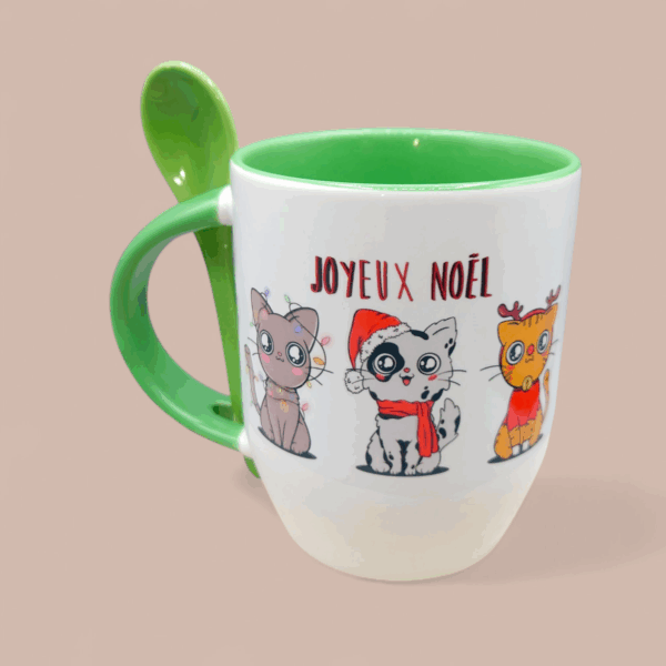 Mug cuillère Noël chatons vert