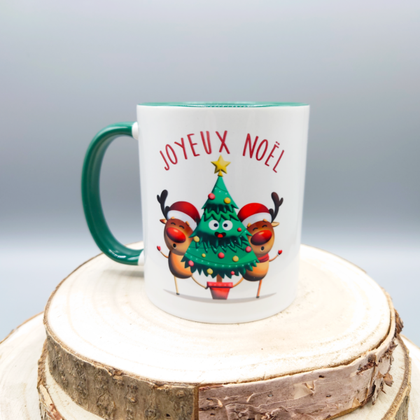 Mug bicolore vert rennes et sapin de Noël